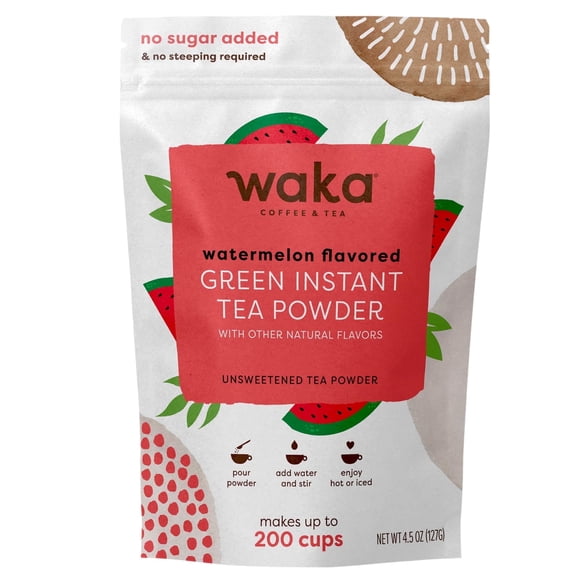 Waka Instant Green Tea Mix, Watermelon Flavored - 100% Tea Leaves, No Additives, Unsweetened Tea Powder in Bulk Pouch – Easy Quick Hot and Iced Teas (4.5oz)