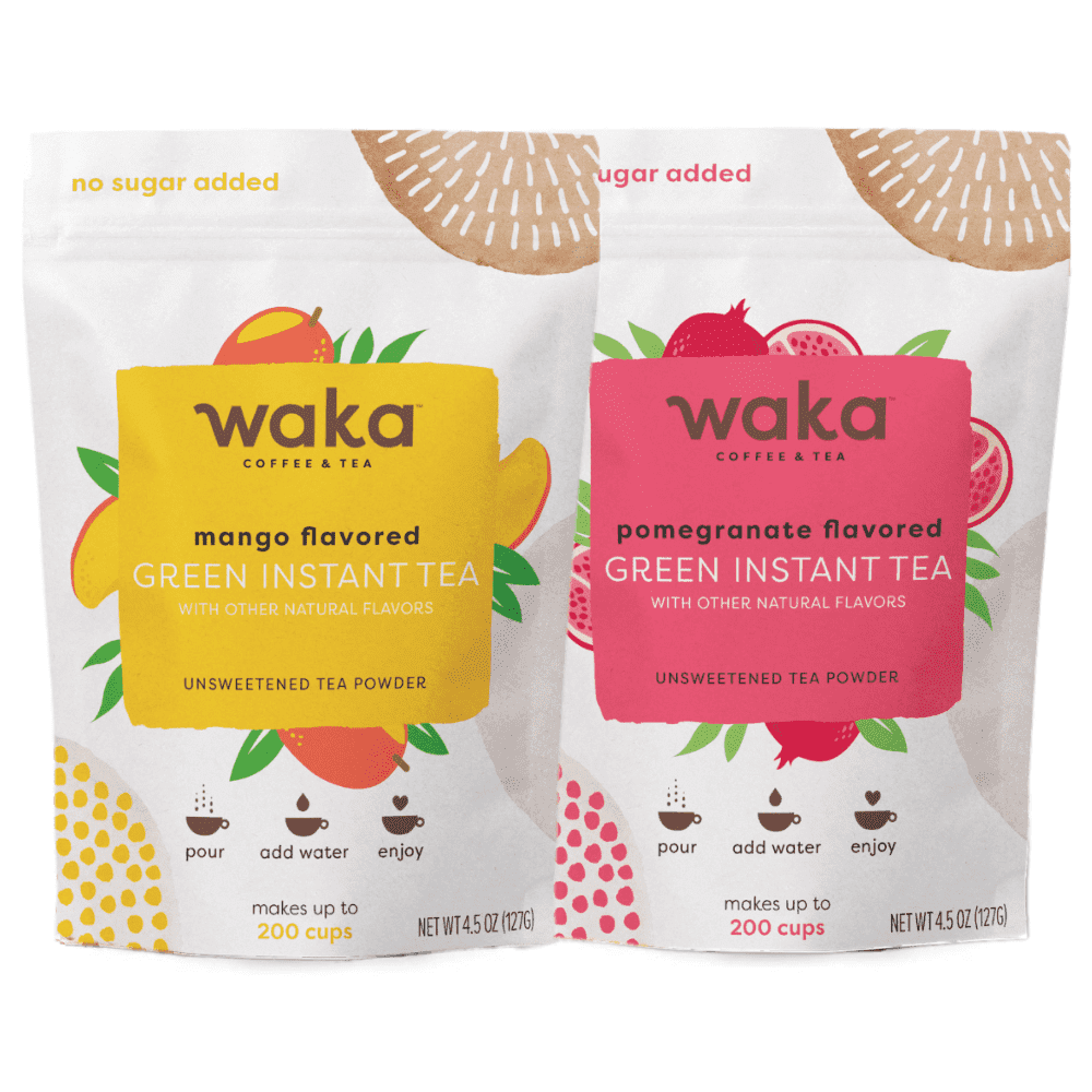 Waka Instant Tea Mix, 2 Bag Bundle - 100% Tea Leaves, No Additives, Unsweetened Tea Powders - Mango Flavored & Pomegranate Flavored Green (4.5oz Each)