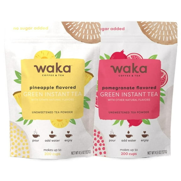 Waka Instant Tea Mix, 2 Bag Bundle - 100% Tea Leaves, No Additives, Unsweetened Tea Powders - Pineapple Flavored & Pomegranate Flavored Green (4.5oz Each)