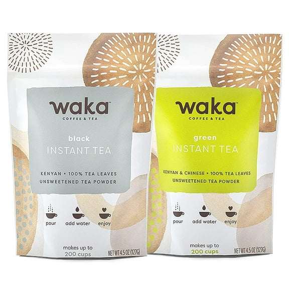 Waka Instant Tea Mix, 2 Bag Bundle - 100% Tea Leaves, No Additives, Unsweetened Tea Powders - Classic Green & Classic Black (4.5oz Each)