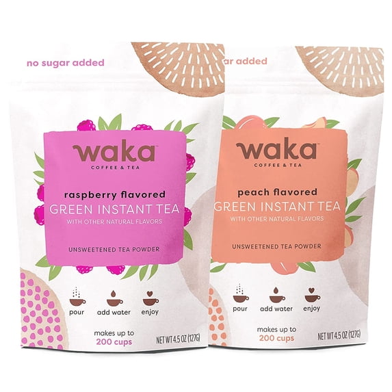 Waka Instant Tea Mix, 2 Bag Bundle - 100% Tea Leaves, No Additives, Unsweetened Tea Powders - Peach Flavored & Raspberry Flavored Green (4.5oz Each)