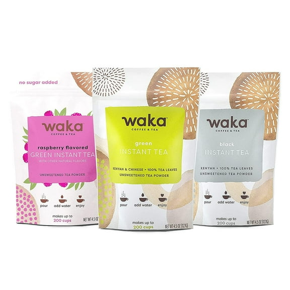 Waka Instant Tea Mix, 3 Bag Bundle - 100% Tea Leaves, No Additives, Unsweetened Tea Powders - Classic Black, Raspberry Flavored & Classic Green (4.5oz Each)