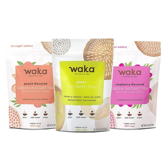 Waka Instant Tea Mix, 3 Bag Bundle - 100% Tea Leaves, No Additives, Unsweetened Tea Powders - Raspberry Flavored, Peach Flavored, Classic Green (4.5oz Each)