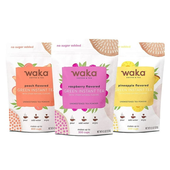 Waka Instant Tea Mix, 3 Bag Bundle - 100% Tea Leaves, No Additives, Unsweetened Tea Powders - Raspberry Flavored, Peach Flavored, Pineapple Flavored Green (4.5oz Each)