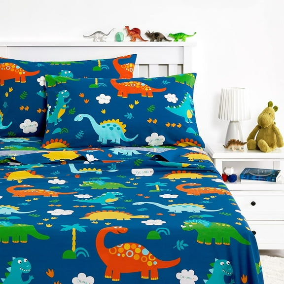 Wake In Cloud - Dinosaur Bed Sheets for Boys, 100% Cotton, 4-Piece Sheet Set Kids, Cute Colorful Cartoon Animal Leaf Tree Pattern Printed Bedding, Deep Pocket, Navy, Full Size
