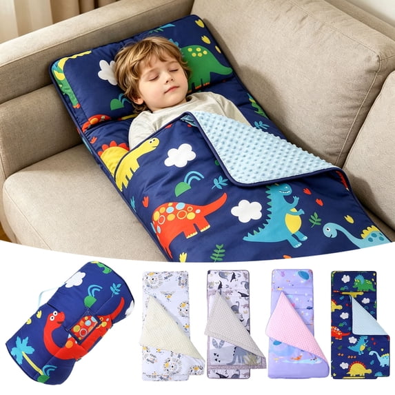 Wake In Cloud - Toddler Nap Mat with Pillow and Blanket, 100% Cotton Fabric, for Ages 3 Plus in Daycare Kindergarten Preschool, Roll Up Sleeping Bag, (Style#1)