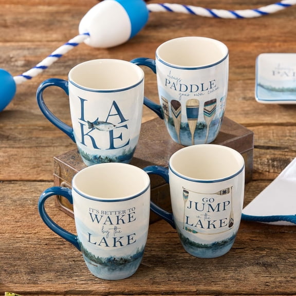 Wake at the Lake 14-Ounce JUMBO Mugs, Set of 4, Lakeside-Inspired Designs with Oars & Water Scenes,  Ceramic, Dishwasher & Microwave Safe, Cozy Coffee & Tea Cups for Everyday Use