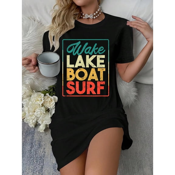 Wake Lake Boat Surf Funny Wakesurf Board Surfing Surfer T-Shirt Dress Casual Summer Dress Everyday Outfit