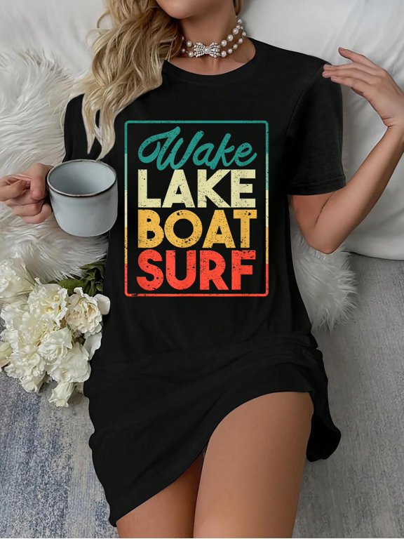 Wake Lake Boat Surf Funny Wakesurf Board Surfing Surfer T-Shirt Dress Casual Summer Dress Everyday Outfit