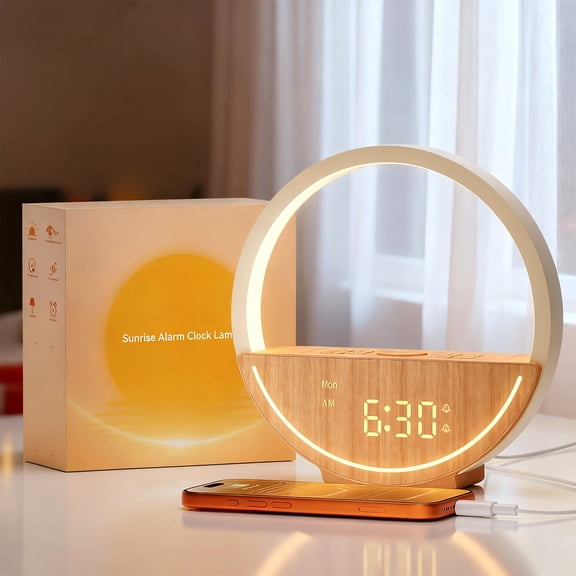 Sunrise Alarm Clock with White Noise Machine, 20 Soothing Sounds, Wake up Light & Dimmable Night Light for Sleep Better, Wood Grain