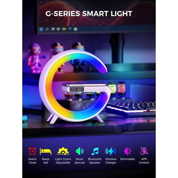 Wake  Light with Wireless Charger  Speaker White Noise App Control Dimmable Sunrise Sunset Simulation Dual Alarm Clock  Light for Home Decor