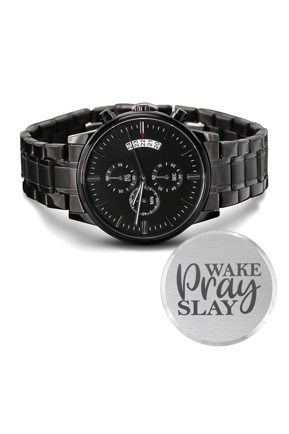 Wake Pray Slay Engraved Bible Verse Men's Watch Multifunction Stainless Steel W Copper Dial