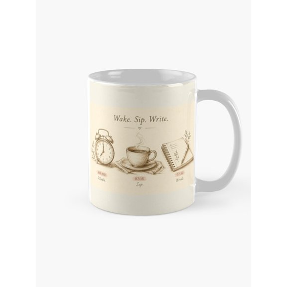 Wake Sip Write Morning Routine Coffee Mug, 11oz Ceramic, Sepia Clock and Notebook Artwork