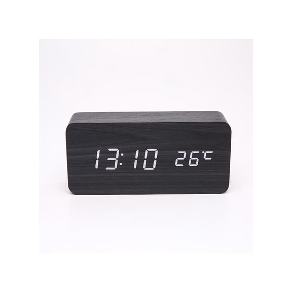 Wake Up Timer Digital Desk Clock Black,Wooden Digital Alarm Clock, Multi-Function Smart Alarm Clock, LED Light Alarm Clock with USB Power Supply, Voice Control, Thermometer - Black