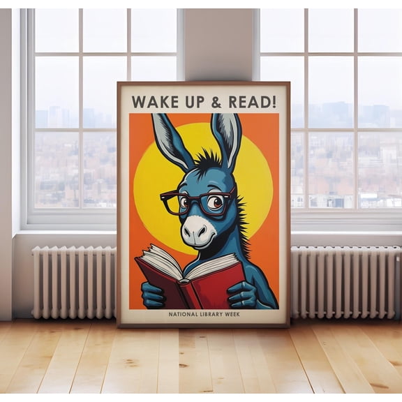 Wake Up And Read Book Wall Art Library Print Book Print Donkey Print Reading Reading Wall Art Library Wall Art, Unframed Paper Print