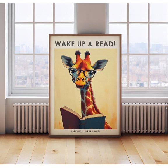 Wake Up And Read Book Wall Art Library Print Book Print Giraffe Print Reading Reading Wall Art Library Wall Art, Unframed Paper Print