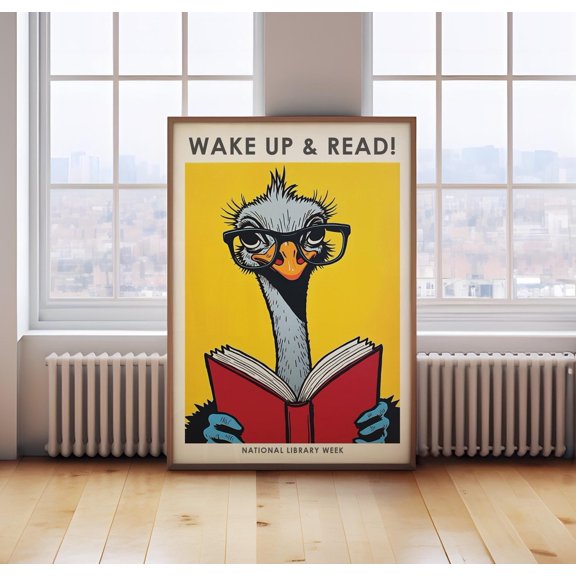 Wake Up And Read Book Wall Art Library Print Book Print Ostrich Print Reading Reading Wall Art Library Wall Art, Unframed Paper Print