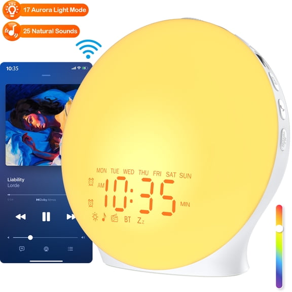 Mpow Wake up Light Sunrise Alarm Clock for Heavy Sleepers, Sleep Aid & Sound Machine, Sync Time with Bluetooth Connection, 25 Natural Sounds, Dual Alarms, 5-20min Snooze, FM Radio, Battery Backup