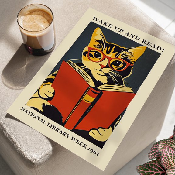 Wake Up and Read Cat Wall Art, Bookshop Cat Book Lover Decor, Unframed Paper Print Size 8x12