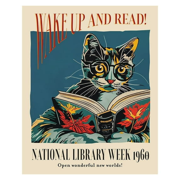 Wake Up and Read National Library Week Poster, Cat and Book Wall Art, 1960s Vintage Decor, Poster or Canvas Print