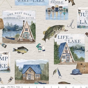 Cotton Wake at the Lake Tan Cabin Fishing Lures Canoe Paddle Cream Riley Blake Cotton Fabric Print by the Yard (C14890-Tan)
