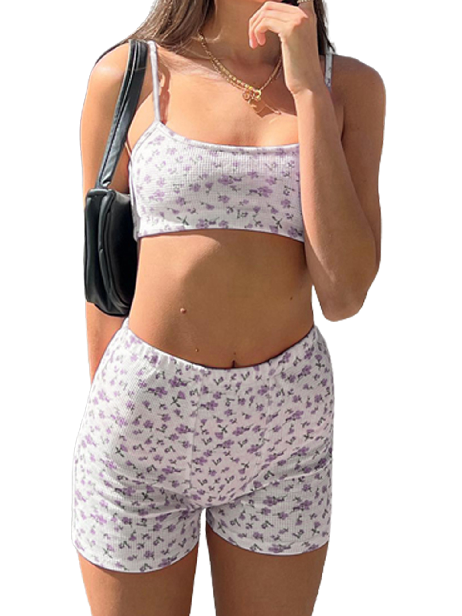 WakeUple Women Knit Print 2 Piece Shorts Sets Sleeveless Crop Cami High