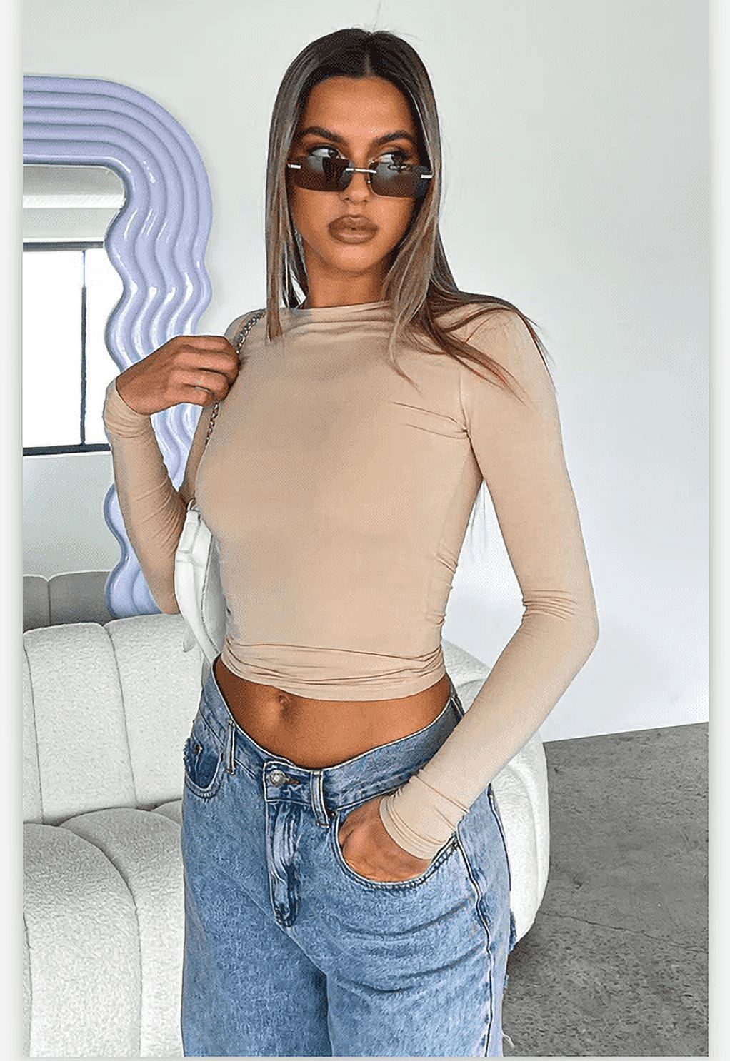 Womens Sexy Tight Slim Shirt Long Sleeve Blouse Tank Vest Fitness Crop Tops