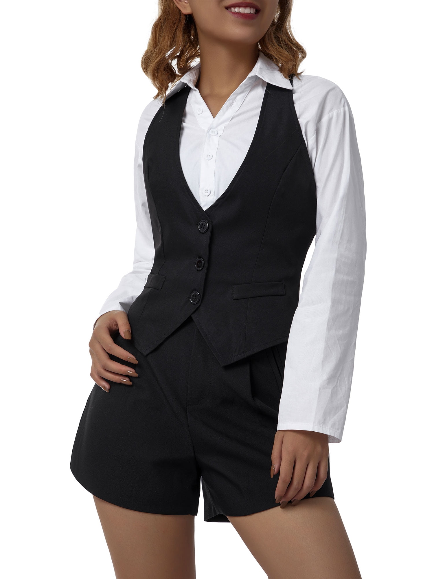 WakeUple Women's Dressy Racerback Button Vest Jacket Vintage Steampunk  Sleeveless Tuxedo Suit Vest Crop Tank Top