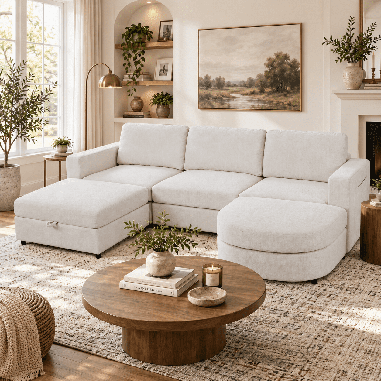 Wakefit 102.4" U-Shaped Sectional Sofa with Storage Ottoman & Curved Chaise,Modern Chenille Modular Couch with Drop-Down Console,Built-in Cup Holders & Side Pockets for Living Room,Beige