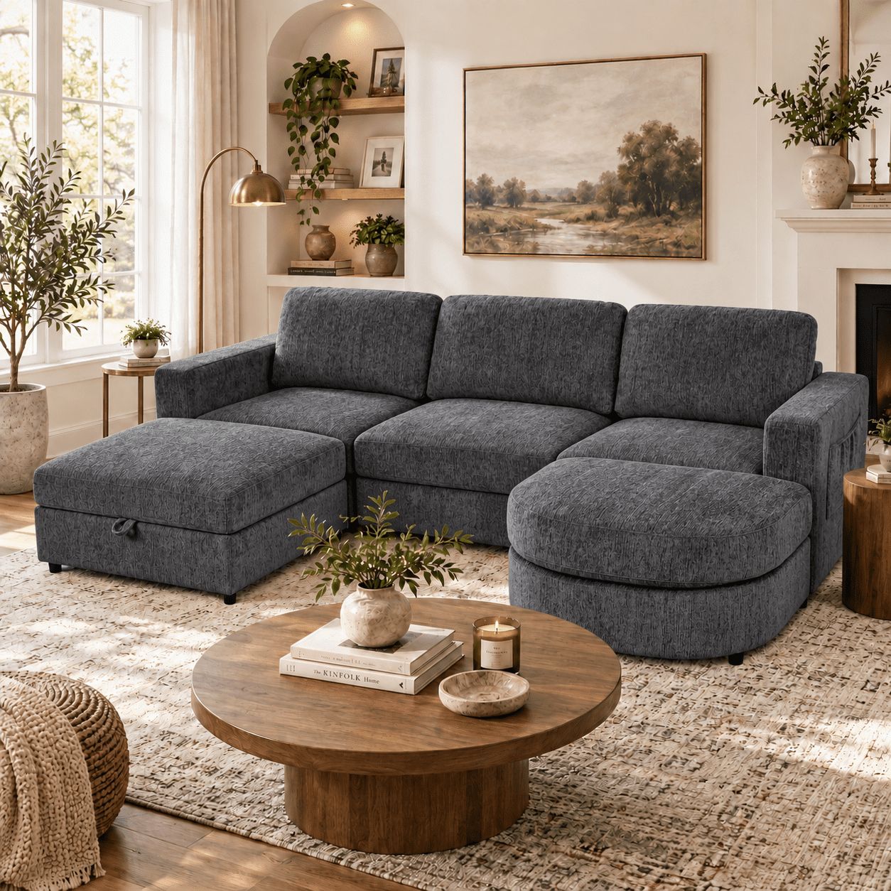 Wakefit 102.4" U-Shaped Sectional Sofa with Storage Ottoman & Curved Chaise,Modern Chenille Modular Couch with Drop-Down Console,Built-in Cup Holders & Side Pockets for Living Room,Grey