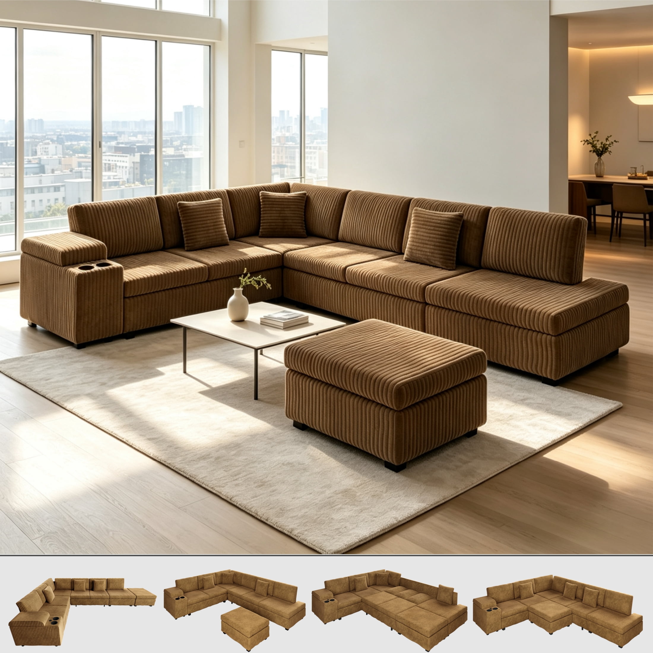 Wakefit 110" L Shaped Sectional Sofa Set, Convertible Sleeper Sofa Bed with Ottoman, Corduroy Fabric Pull Out Sectional Couch, Hidden Storage Armrest, USB Ports & Cup Holders, Camel