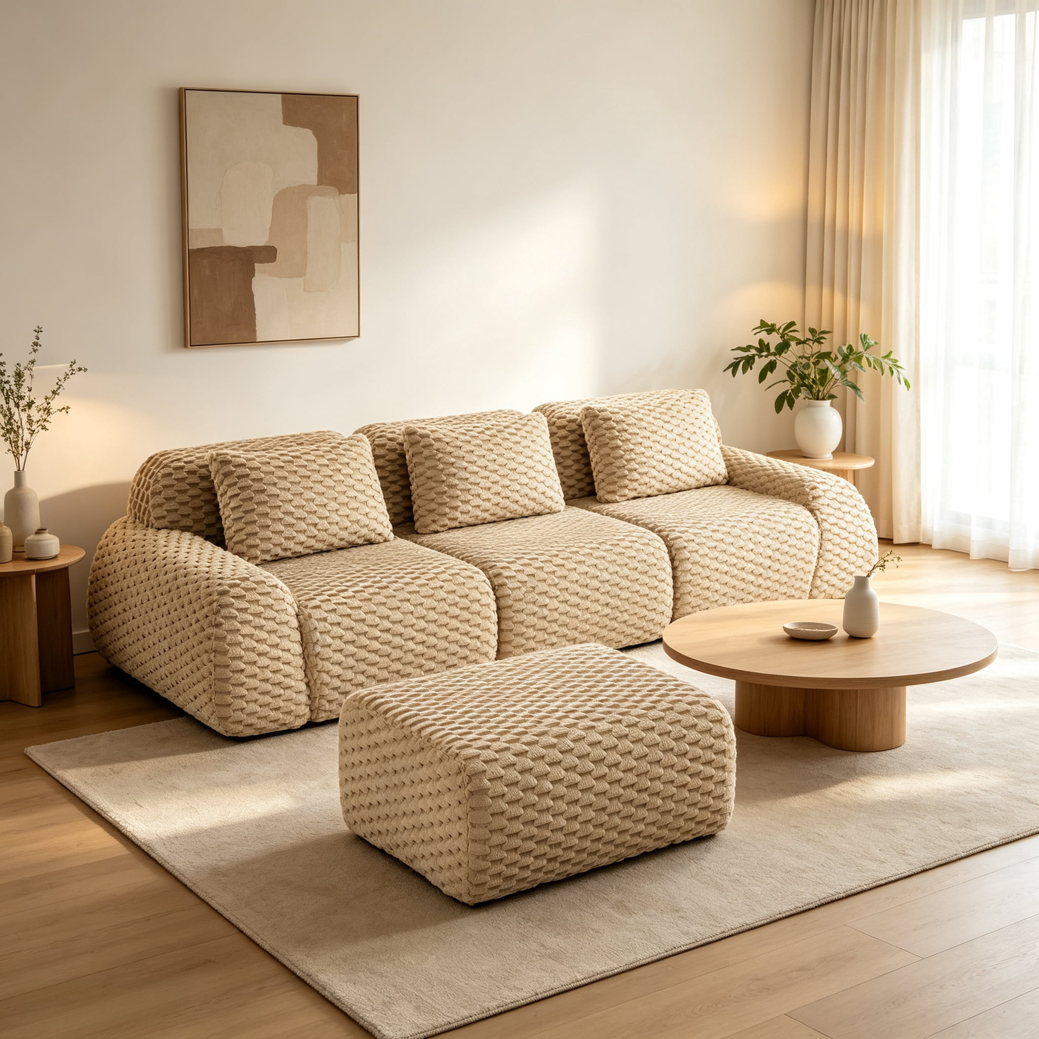 Wakefit 114" L Modular Sectional Sofa with Ottoman, Deep Seat Flannel Cloud Couch, No Assembly Boneless Modular Cloud Sofa, Anti-slip Design Sectional Sofas for Living Room, Light Camel