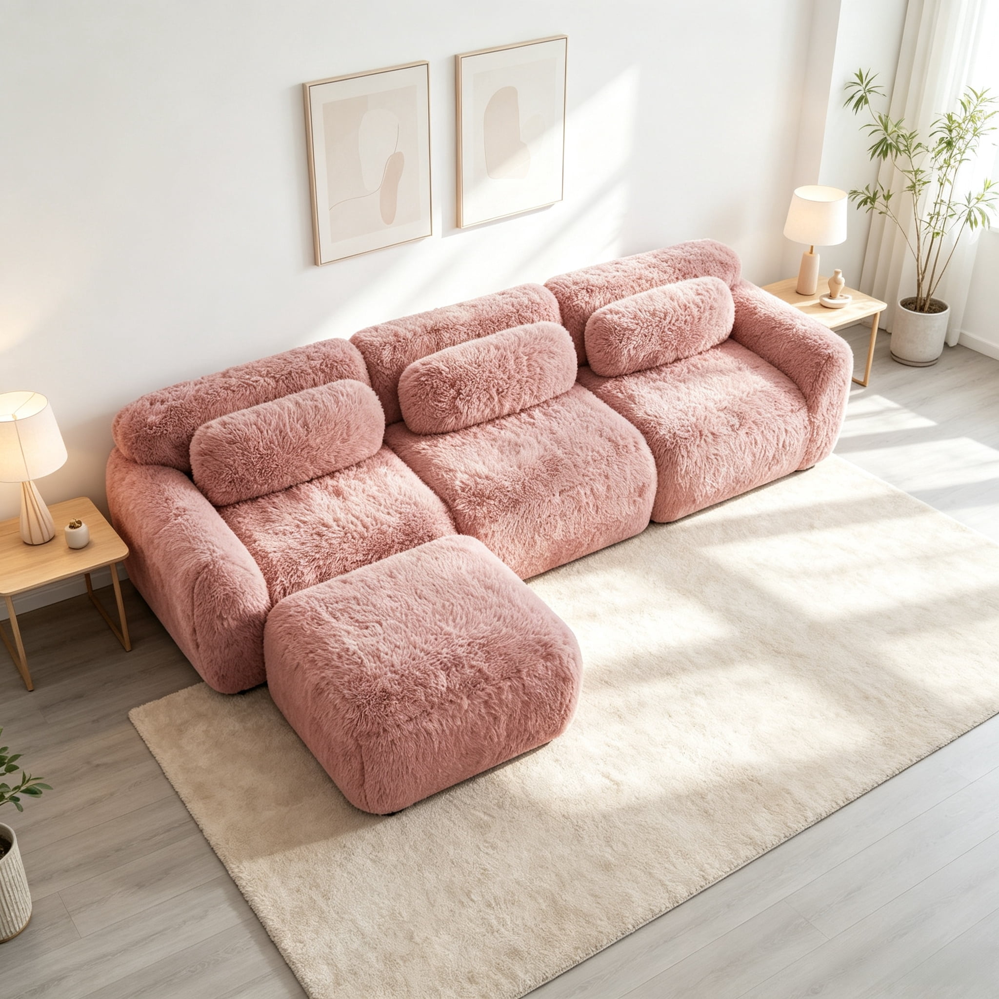Wakefit 114" Modular Sectional Sofa, Boneless Couche 3 Seater Deep Seat Compressed Sofa, No Assembly Required, Soft Fluffy Plush Fabric, Cloud Comfy Sofa Set, Pink