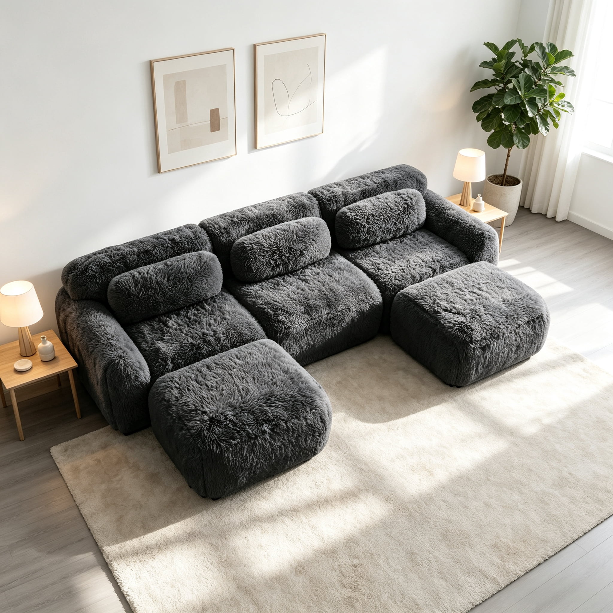 Wakefit 114" Modular Sectional Sofa, Boneless Couche 3 Seater Deep Seat Compressed Sofa, No Assembly Required, Soft Fluffy Plush Fabric, Cloud Comfy Sofa Set with 2 Ottomans, Drak Gray