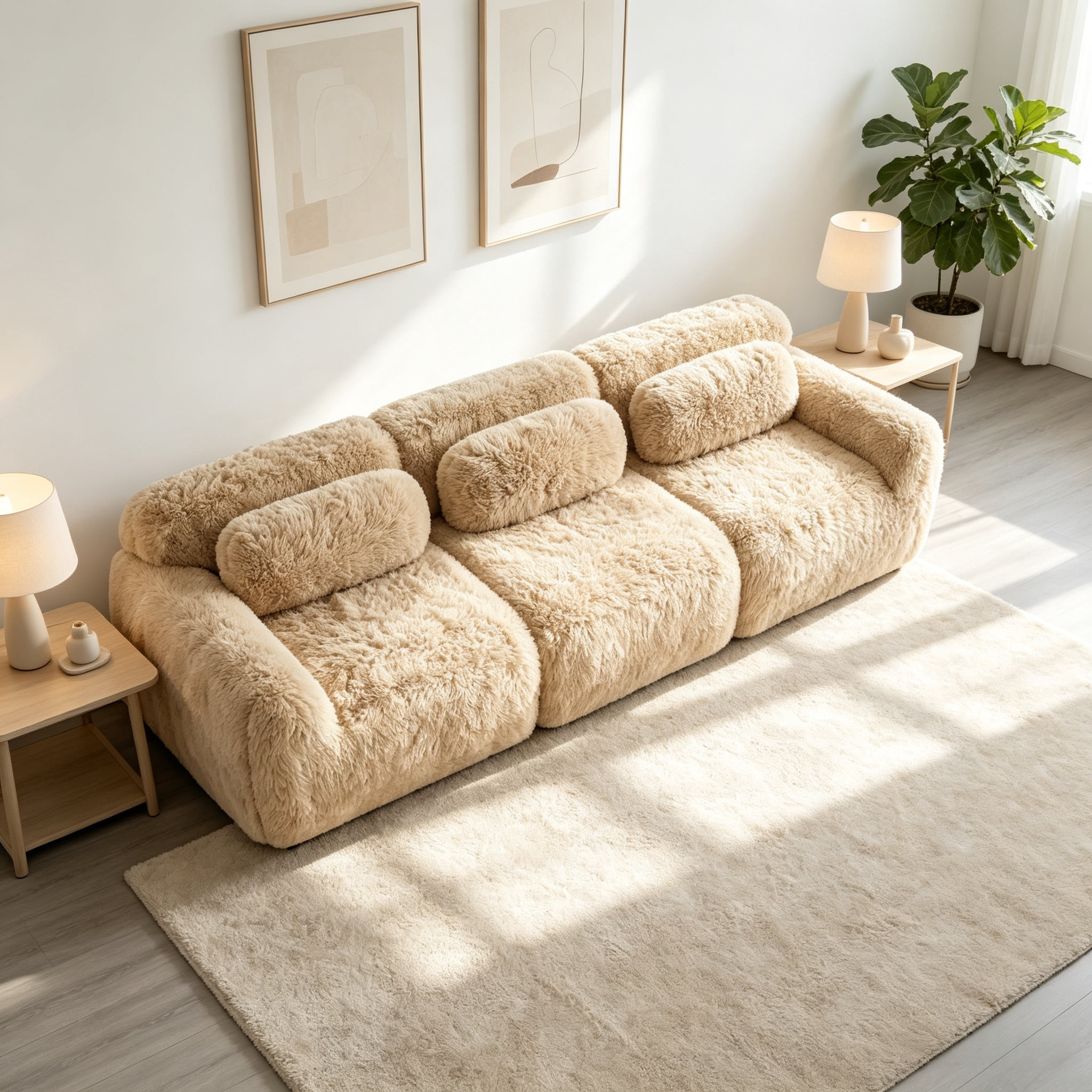Wakefit 114" Modular Sectional Sofa, Boneless Couche 3 Seater Deep Seat Compressed Sofa, No Assembly Required, Soft Fluffy Plush Fabric, Cloud Comfy Sofa Set, Light Khaki