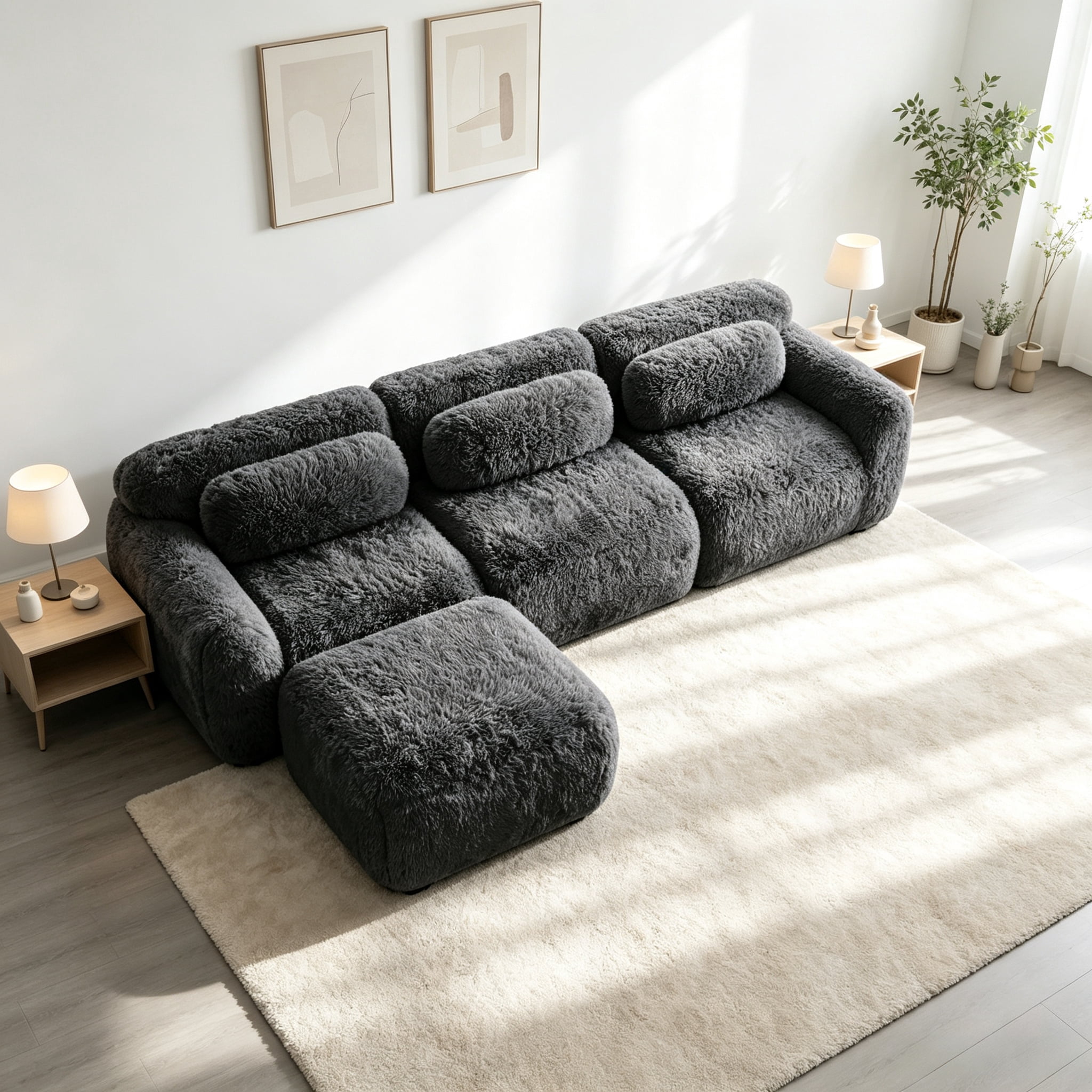 Wakefit 114" Modular Sectional Sofa, Boneless Couche 3 Seater Deep Seat Compressed Sofa, No Assembly Required, Soft Fluffy Plush Fabric, Cloud Comfy Sofa Set with 1 Ottoman, Drak Gray