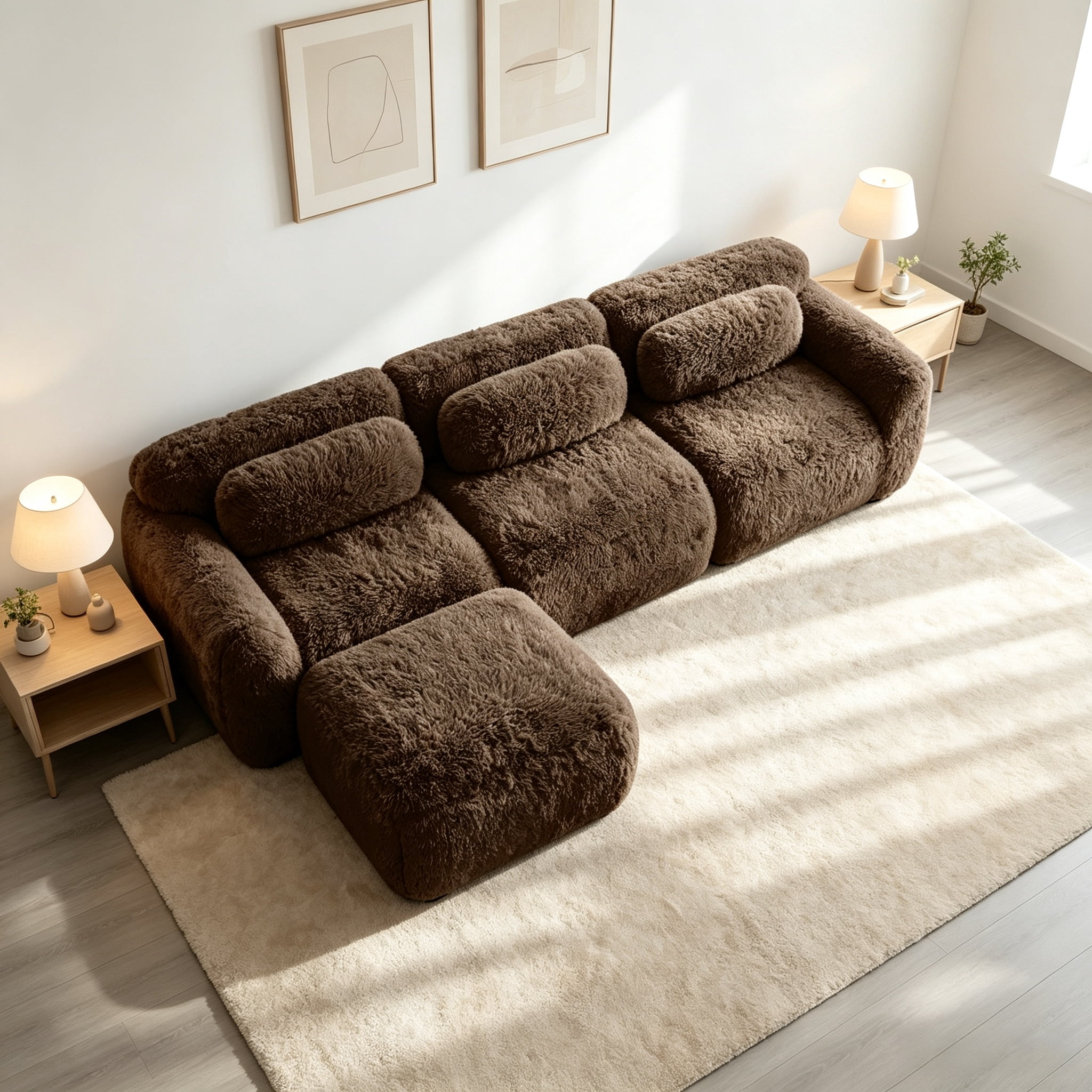 Wakefit 114" Modular Sectional Sofa, Boneless Couche 3 Seater Deep Seat Compressed Sofa, No Assembly Required, Soft Fluffy Plush Fabric, Cloud Comfy Sofa Set with 1 Ottoman, Chocolate