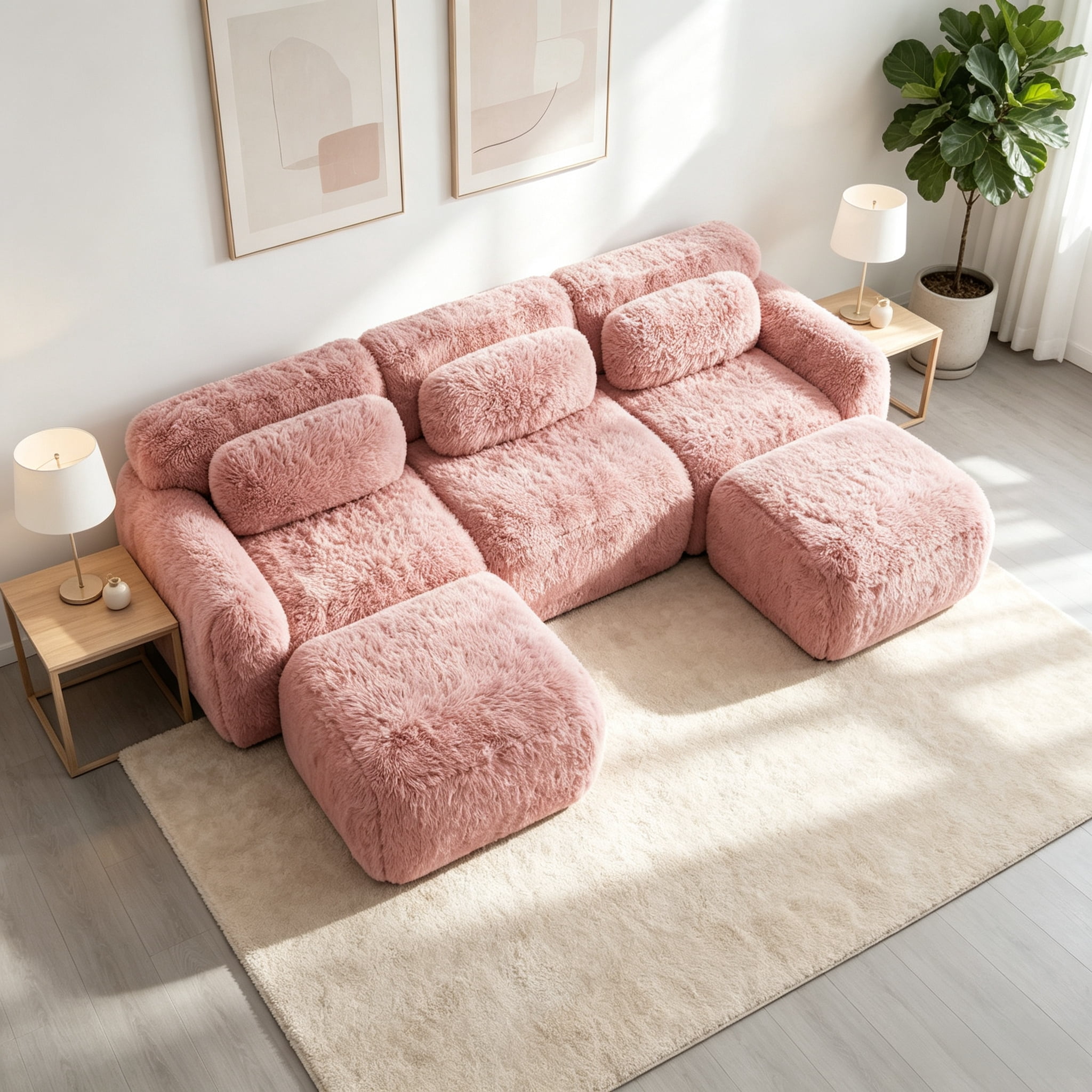 Wakefit 114" Modular Sectional Sofa, Boneless Couche 3 Seater Deep Seat Compressed Sofa, No Assembly Required, Soft Fluffy Plush Fabric, Cloud Comfy Sofa Set, Pink