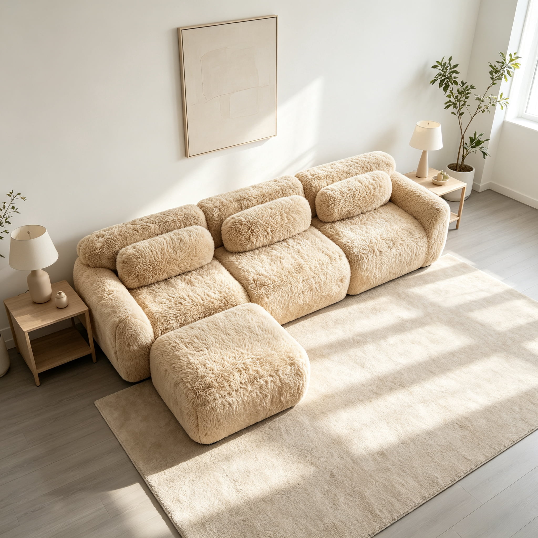 Wakefit 114" Modular Sectional Sofa, Boneless Couche 3 Seater Deep Seat Compressed Sofa, No Assembly Required, Soft Fluffy Plush Fabric, Cloud Comfy Sofa Set, Light Khaki