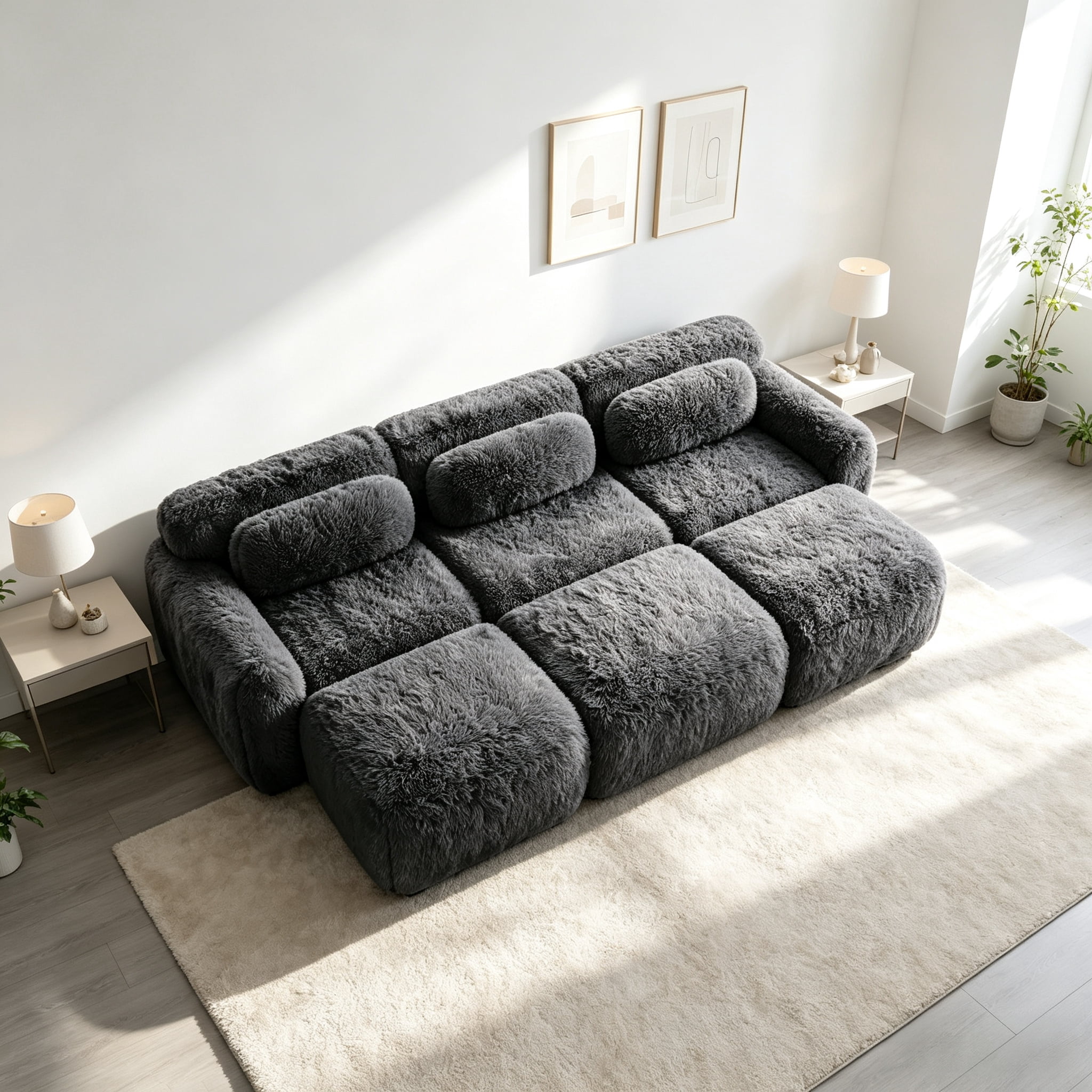 Wakefit 114" Modular Sectional Sofa, Boneless Couche 3 Seater Deep Seat Compressed Sofa, No Assembly Required, Soft Fluffy Plush Fabric, Cloud Comfy Sofa Set with 3 Ottomans, Drak Gray