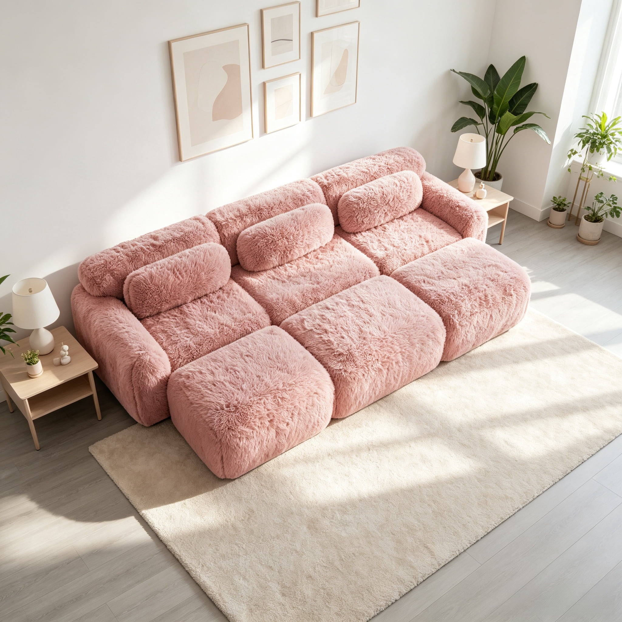 Wakefit 114" Modular Sectional Sofa, Boneless Couche 3 Seater Deep Seat Compressed Sofa, No Assembly Required, Soft Fluffy Plush Fabric, Cloud Comfy Sofa Set, Pink