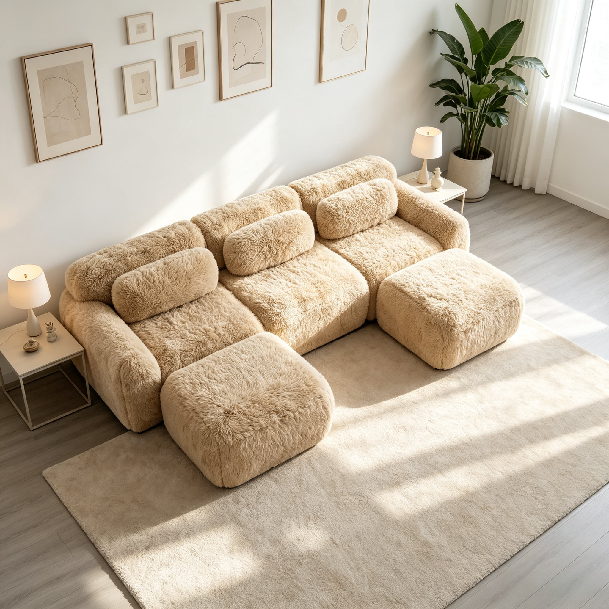 Wakefit 114" Modular Sectional Sofa, Boneless Couche 3 Seater Deep Seat Compressed Sofa, No Assembly Required, Soft Fluffy Plush Fabric, Cloud Comfy Sofa Set, Light Khaki