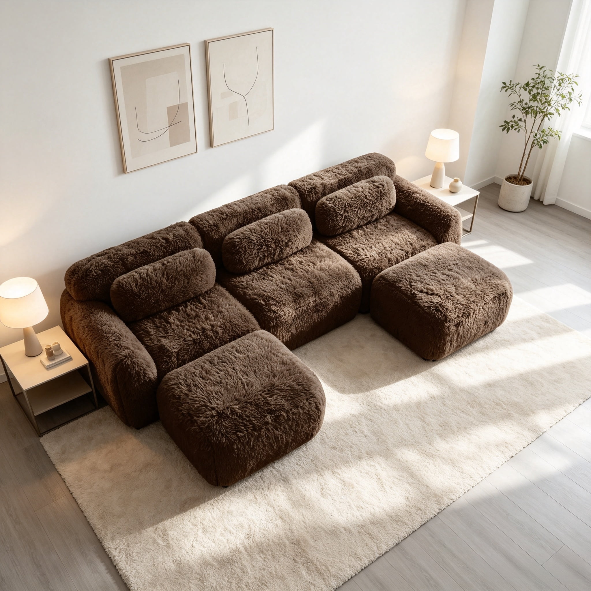 Wakefit 114" Modular Sectional Sofa, Boneless Couche 3 Seater Deep Seat Compressed Sofa, No Assembly Required, Soft Fluffy Plush Fabric, Cloud Comfy Sofa Set with 2 Ottomans, Chocolate