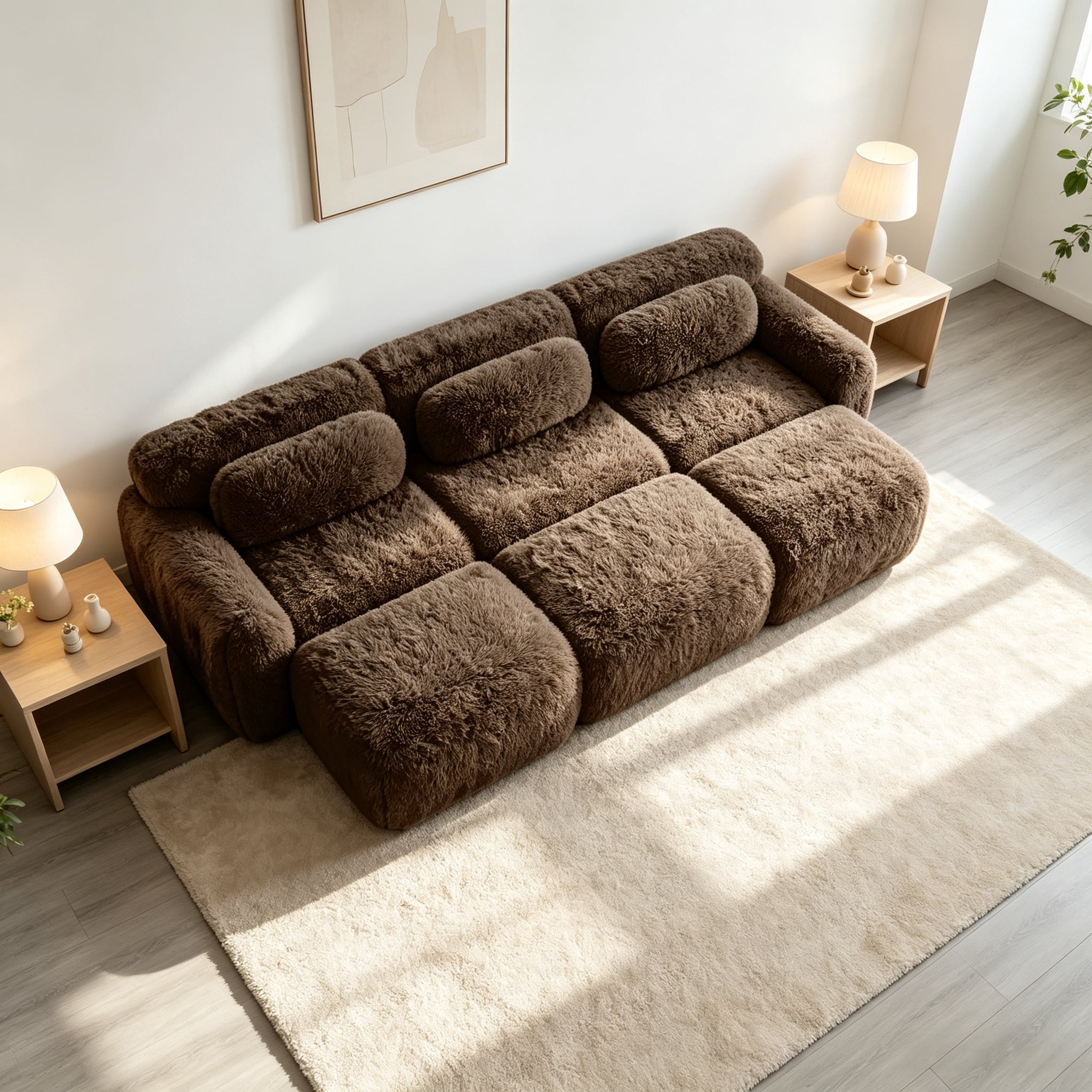 Wakefit 114" Modular Sectional Sofa, Boneless Couche 3 Seater Deep Seat Compressed Sofa, No Assembly Required, Soft Fluffy Plush Fabric, Cloud Comfy Sofa Set with 3 Ottomans, Chocolate