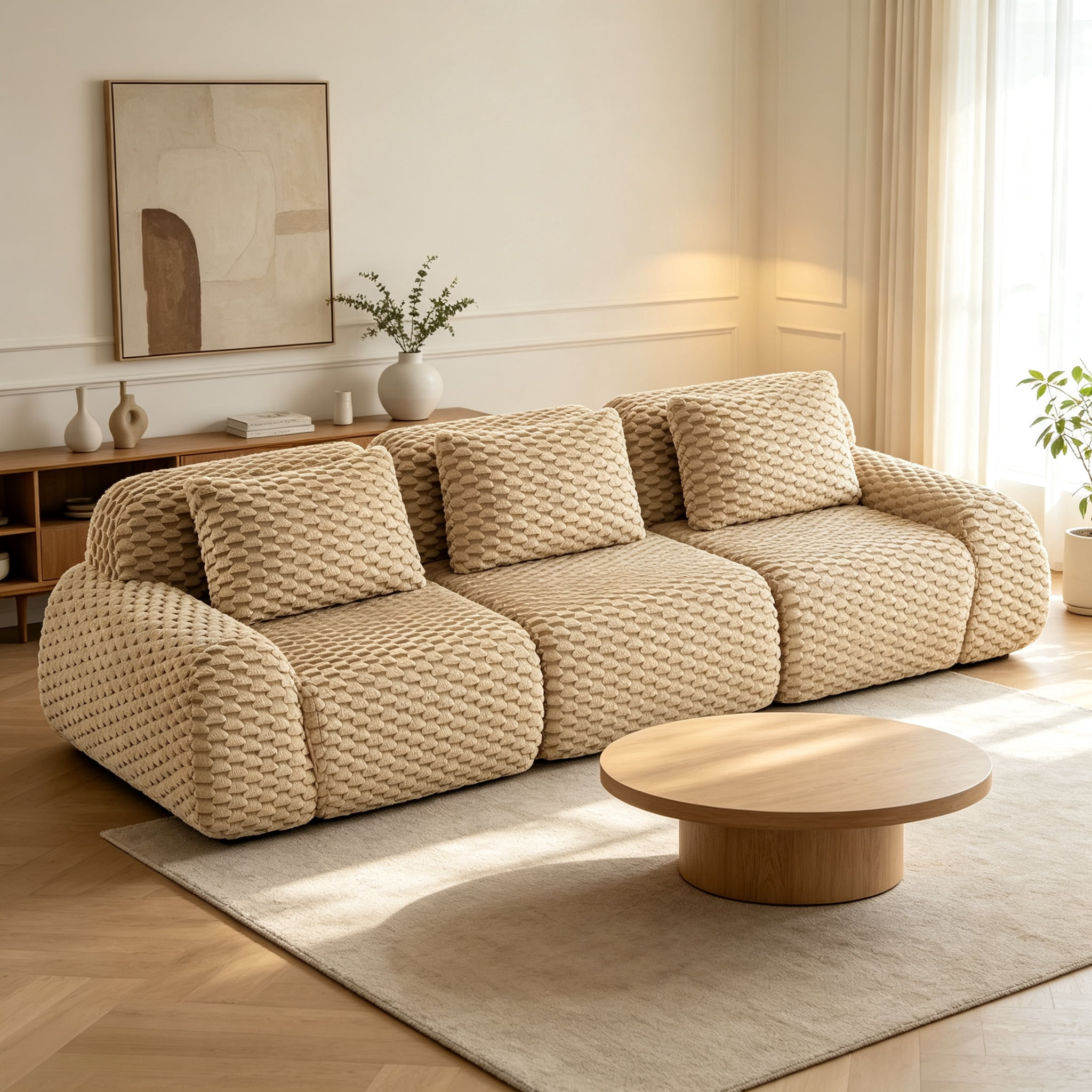 Wakefit 114" Modular Sectional Sofa, Deep Seat Flannel Cloud Couch, No Assembly Boneless Modular Cloud Sofa, Anti-slip Design Sectional Sofas for Living Room, Light Camel