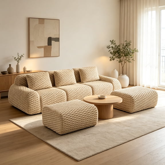 Wakefit 114" U Modular Sectional Sofa with 2 Ottomans, Deep Seat Flannel Cloud Couch, No Assembly Boneless Modular Cloud Sofa, Anti-slip Design Sectional Sofas for Living Room, Light Camel