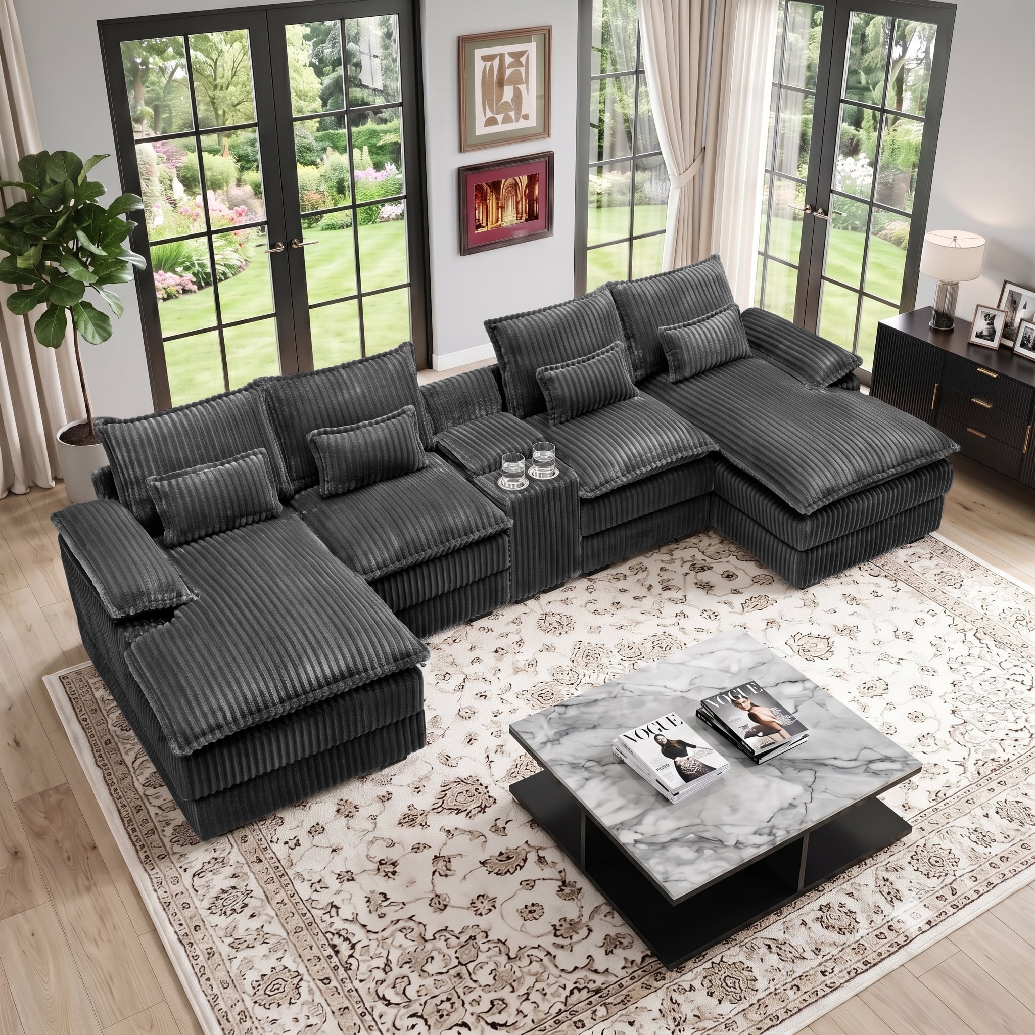 Wakefit 125" U Shaped Sectional Couch, Oversized Modular Sectional Sofa, 5 Seater Corduroy Cloud Couch with Hidden Storage, USB Ports & Cup Holders for Living Room, Dark Gray