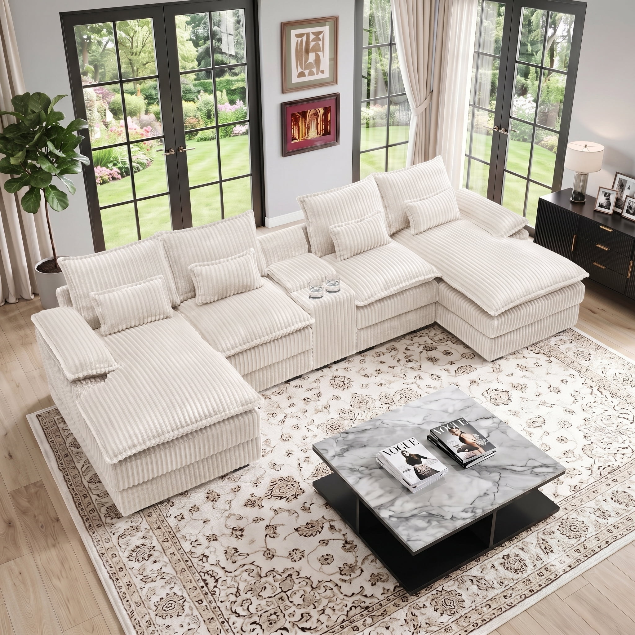 Wakefit 125" U Shaped Sectional Couch, Oversized Modular Sectional Sofa, 5 Seater Corduroy Cloud Couch with Hidden Storage, USB Ports & Cup Holders for Living Room, Beige