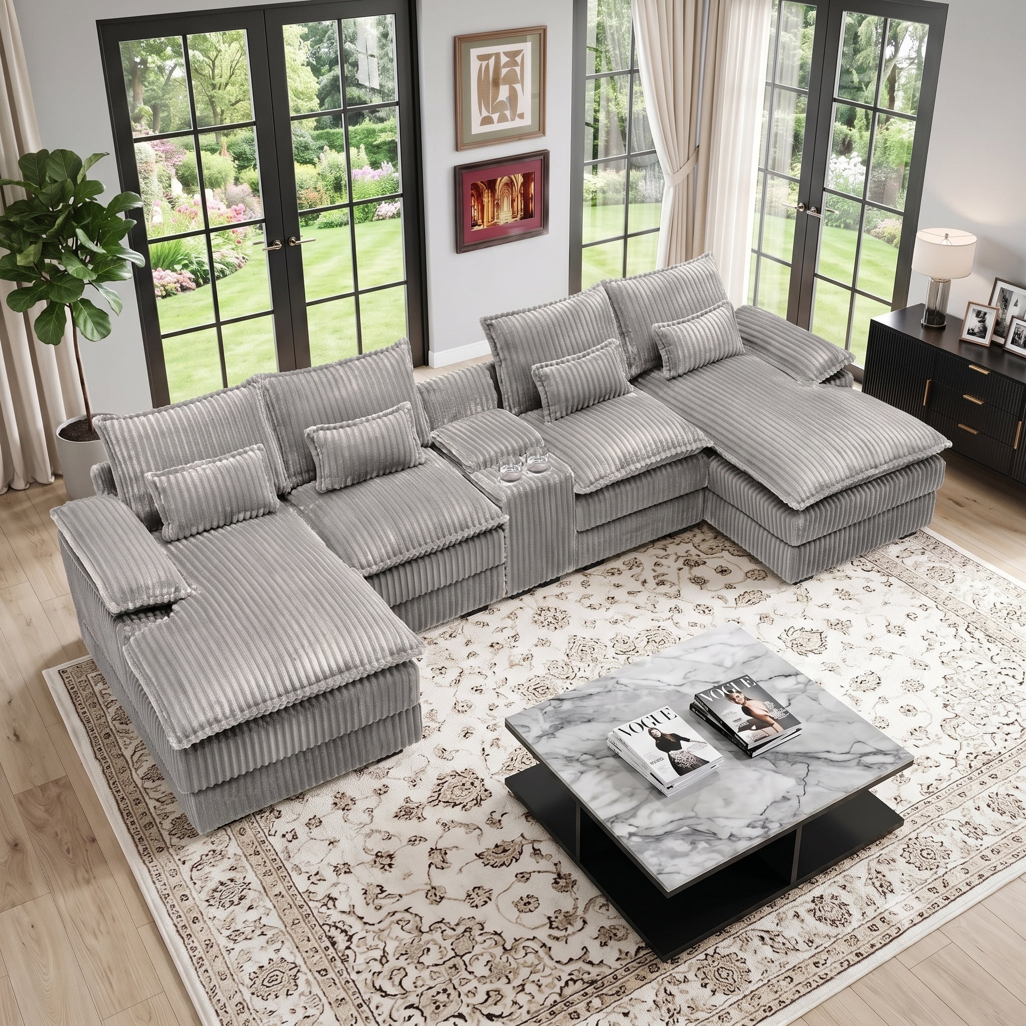 Wakefit 125" U Shaped Sectional Couch, Oversized Modular Sectional Sofa, 5 Seater Corduroy Cloud Couch with Hidden Storage, USB Ports & Cup Holders for Living Room, Light Gray