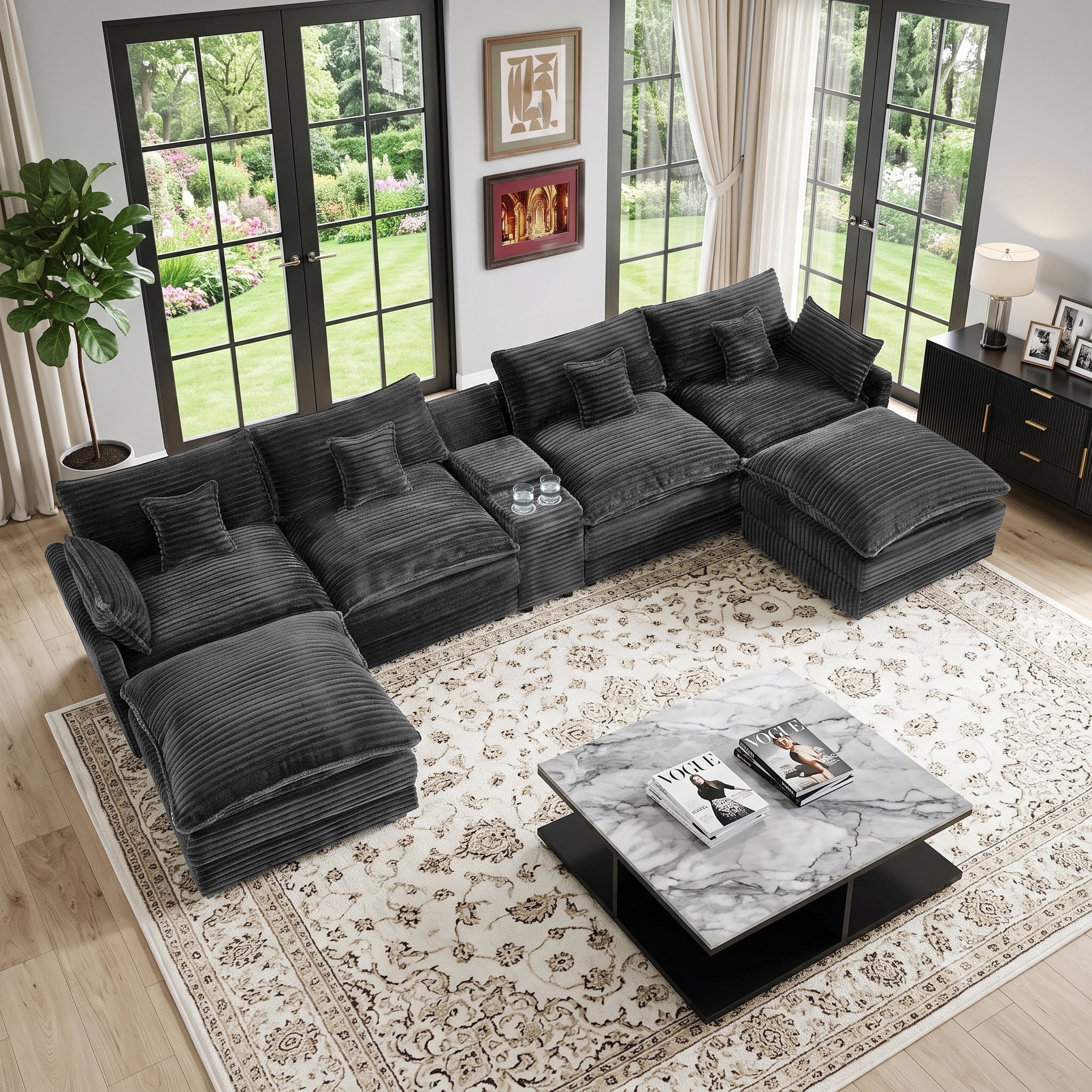 Wakefit 141" U Shaped Sectional Couch, Oversized Modular Sectional Sofa, 5 Seater Corduroy Cloud Couch with Hidden Storage, USB Ports & Cup Holders for Living Room, Dark Gray